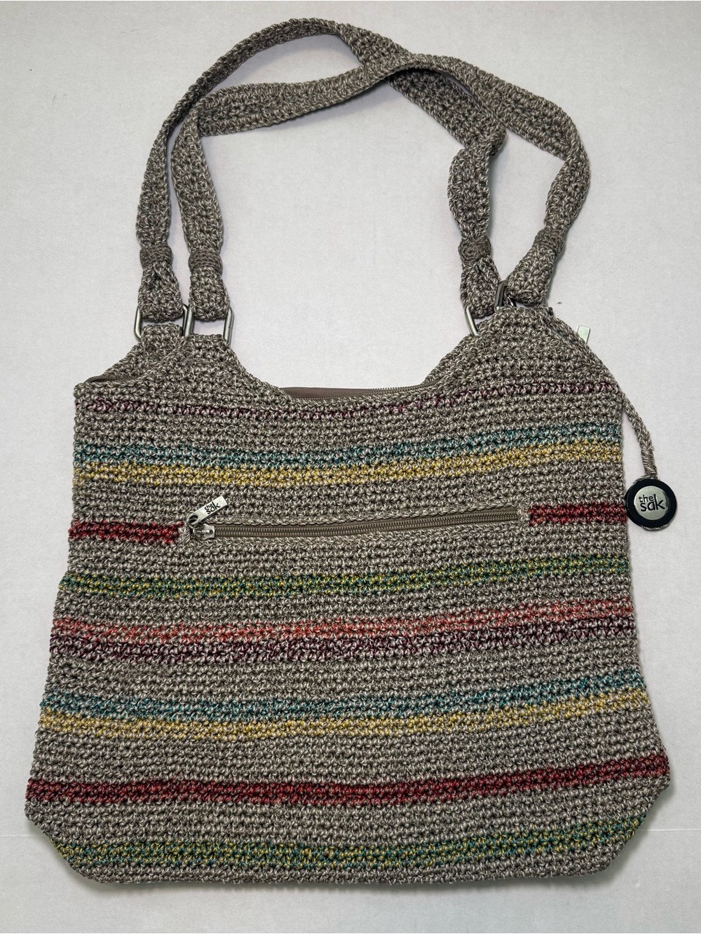 The Sak Crochet Knit Shoulder Tote Handbag Boho Striped Neutral Zip Large Purse